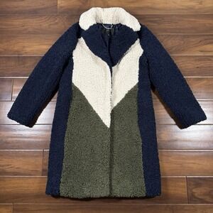 J. Crew Size XS Blue Green Ivory Colorblock Teddy Sherpa Shearling Coat K3106
